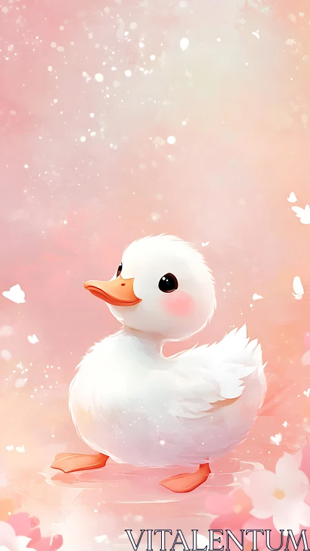 Soft-lit stylized duckling illustration with bokeh and pastel bloom background