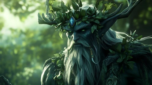 Emerald Antlered Forest King brooding in leafy twilight.