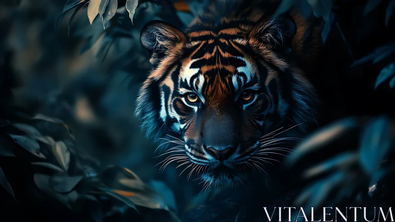 Silent tiger emerging from teal-shadowed jungle foliage.