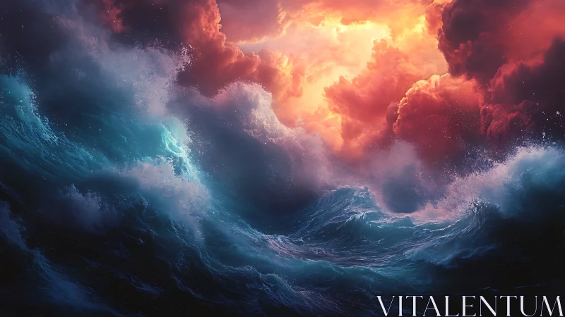 Storm-forged ocean beneath blazing celestial clouds.