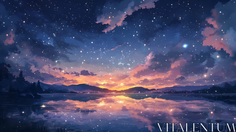 Starlit twilight sky reflects over calm mountain lake horizon