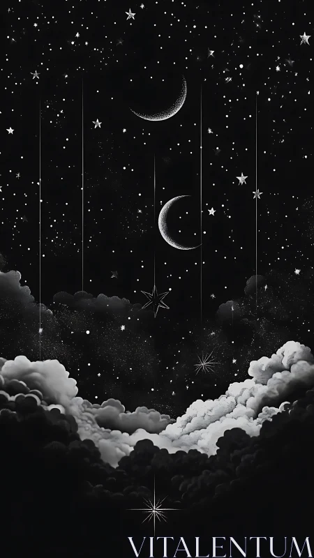 Monochrome celestial sky with crescent moons, clouds, suspended stars