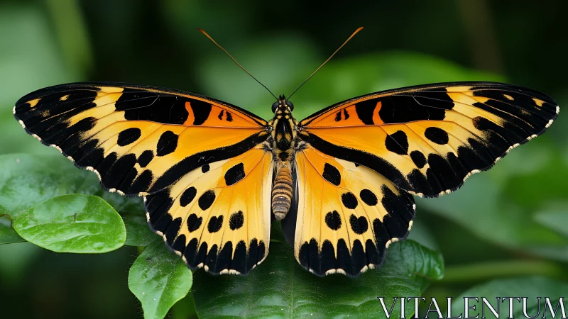 Vibrant orange butterfly rests on lush green foliage