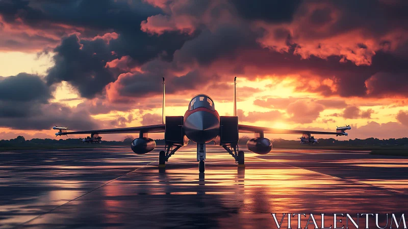 Sunset-lit fighter jet on reflective runway in stormy sky.