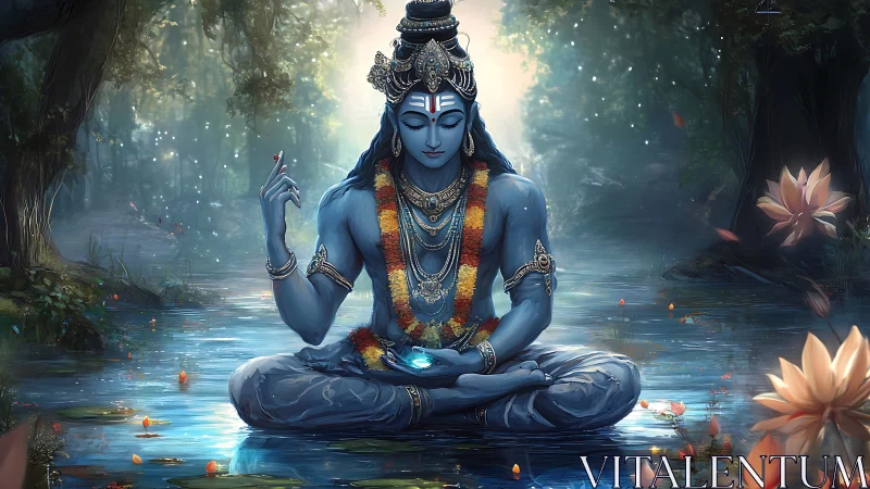 Blue-skinned meditative deity sits cross-legged on water