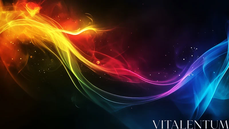 Colorful light trails curve across dark background space