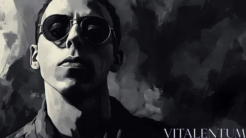 Monochrome portrait of person in round sunglasses, shaded face.