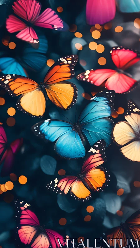 Midnight garden waltz of neon butterflies in soft bokeh hush.