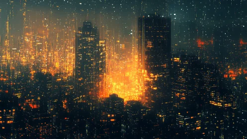 High-density cyberpunk skyline under cascading luminous data rain