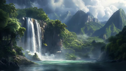 Misty emerald waterfall cove in a tranquil hidden valley.