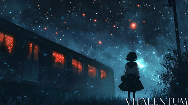 Starlit railway platform with lone student under luminous sky.