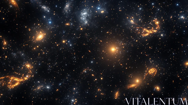 Golden spiral galaxies scattered across deep starfield.