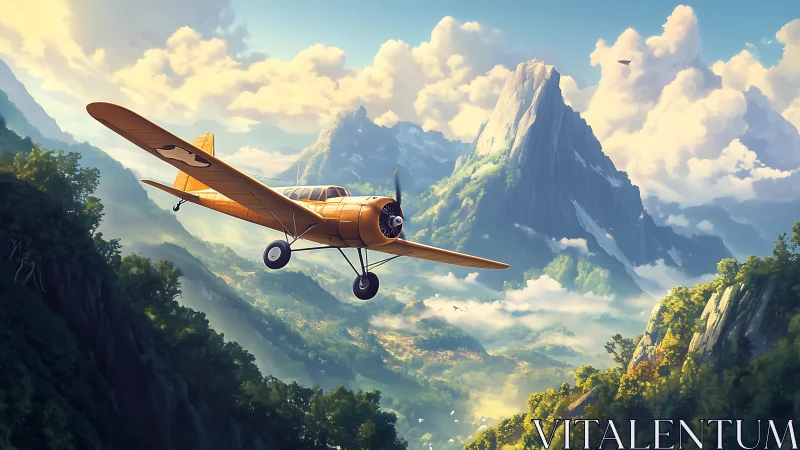 Golden vintage monoplane cuts across sunlit alpine valley sky