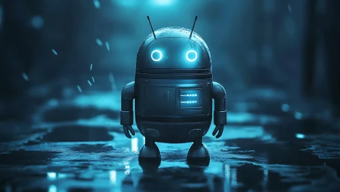 Rain-soaked alley wanderer bot with glowing neon curiosity.