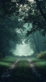 Luminous Forest Path Through Misty Woodland Canopy.
