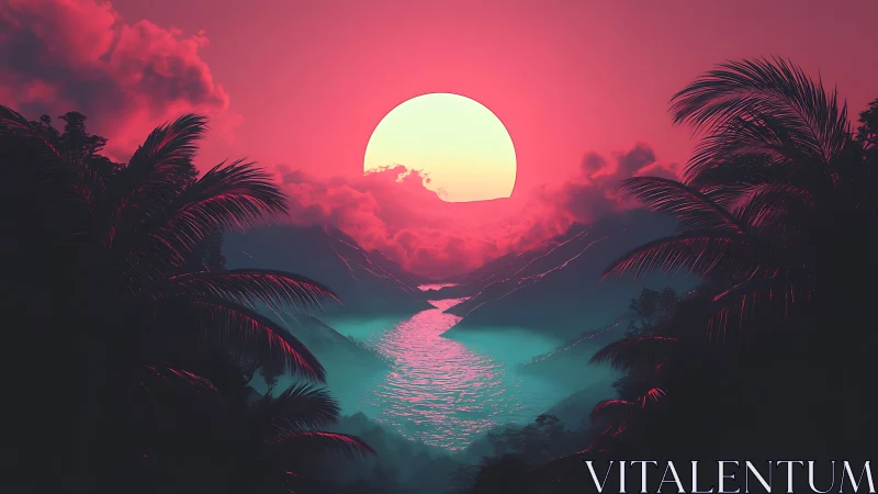 Neon-graded tropical valley sunset with reflective waterway glow