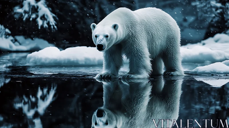 Polar sentinel mirrored on midnight icewater silence.