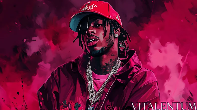 Chromatic portrait of rap figure in magenta vapor field.