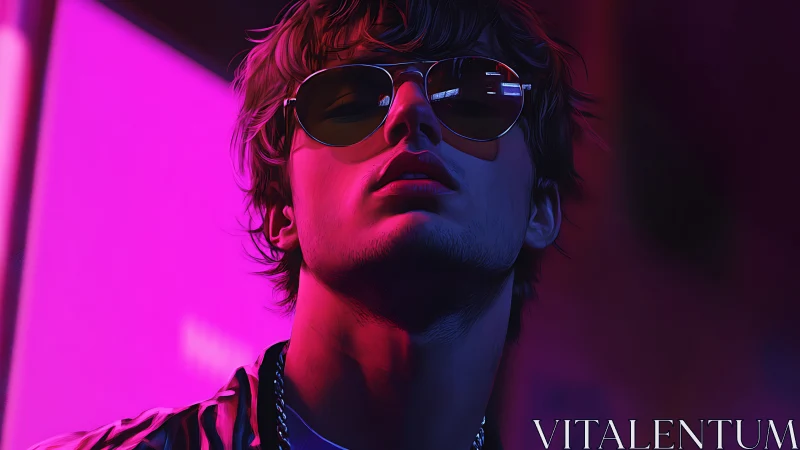 Young man in sunglasses lit by strong neon magenta glow