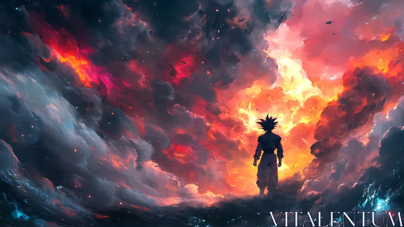 Lone warrior welcomes a storm of fire and swirling sky.