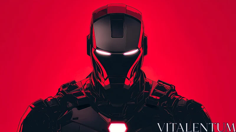 Crimson-lit armored sentinel staring from the electric dark.