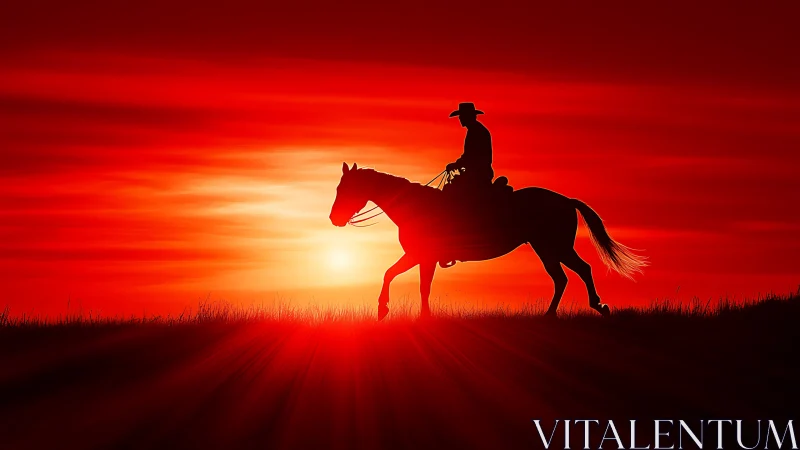 Crimson prairie rider crossing a sunlit ember horizon.