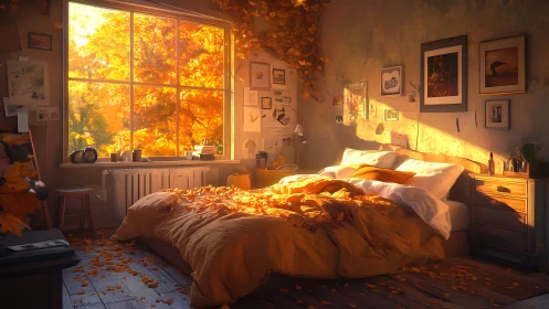 Cozy sunlit bedroom filled with autumn leaves and artwork.