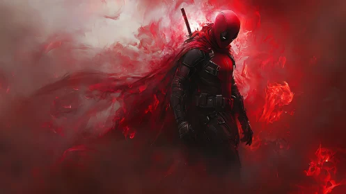 Red masked antihero in cinematic red mist stands in profile
