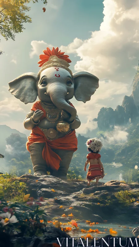 Elephantine divine-child avatar and devotee in lush valley.