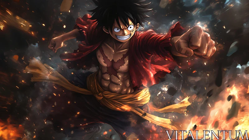 Dynamic anime fighter in mid-air punch amid fiery particle field