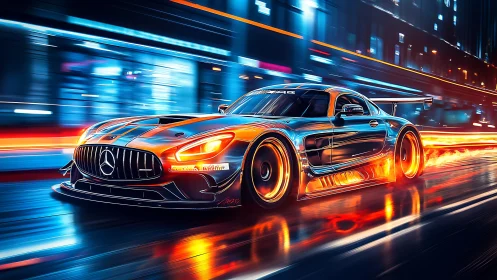 Neon street rocket car blazing through electric midnight city.