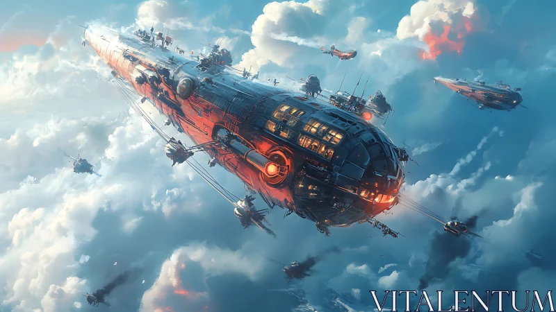Skyborne starship convoy drifting through painted clouds.