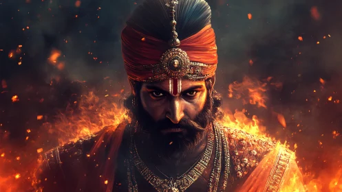 Warrior king in flaming ambiance, jeweled turban and armor.