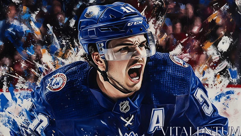 Hockey player in blue jersey shouting on ice surface.