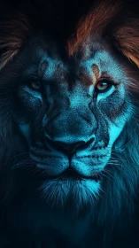 Close-up digitally lit lion portrait with blue toning.