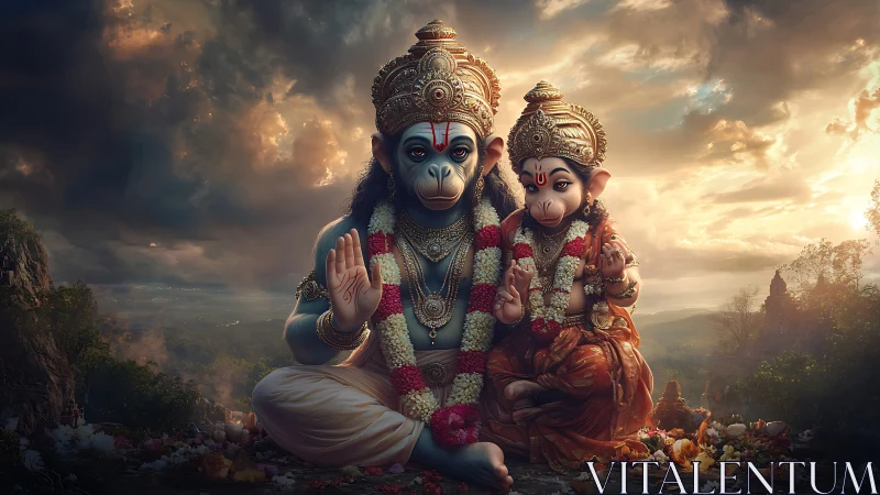 Sacred monkey deities bless a golden sunset valley temple