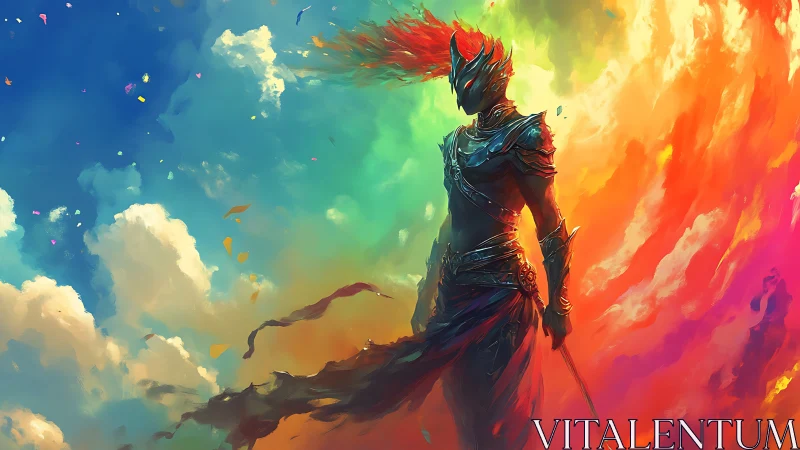 Chromatic armored warrior silhouette offsets turbulent spectral sky