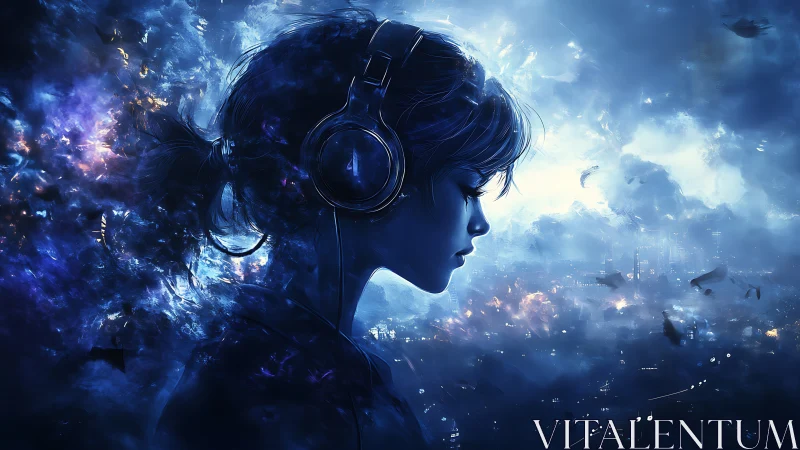 Profile silhouette girl in headphones within blue nebular soundscape