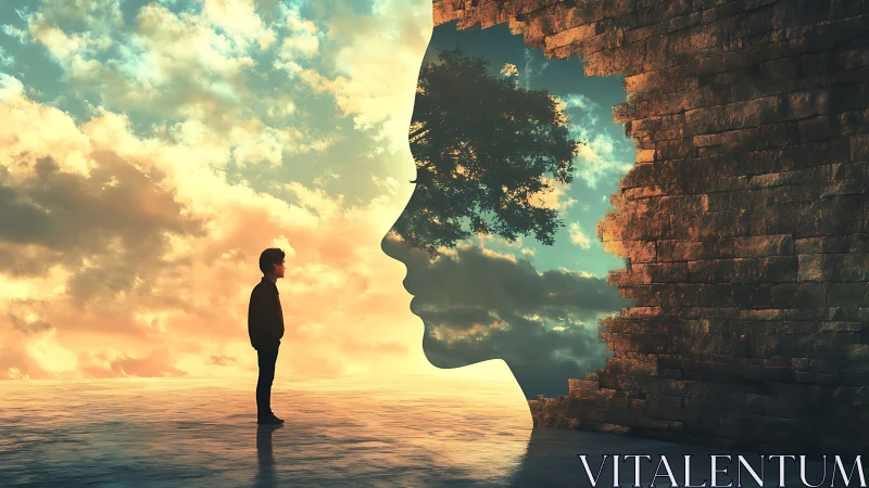 Surreal digital portrait void with reflective figure and sky portal.