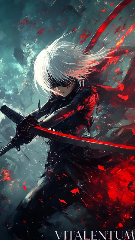 White haired swordsman with blindfold in red energy field.