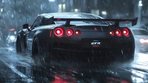 Midnight GTR tears through neon rain-soaked city streets.
