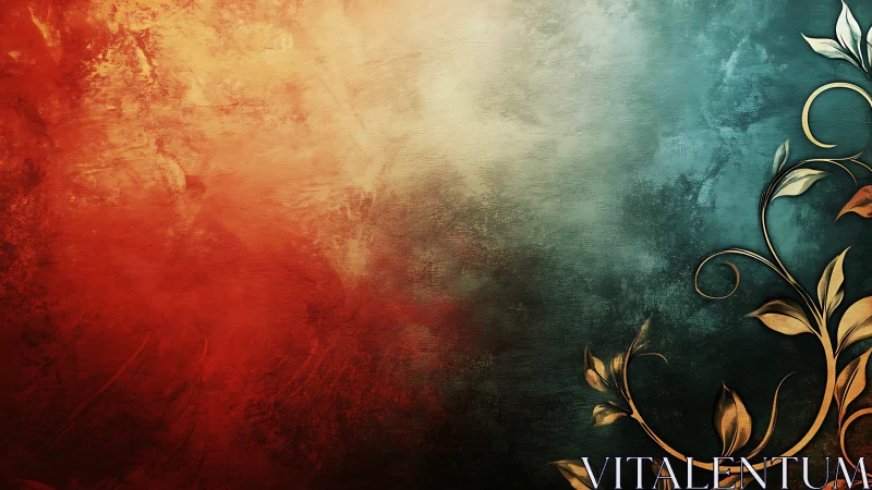 Floral scrollwork on red to teal textured gradient background.