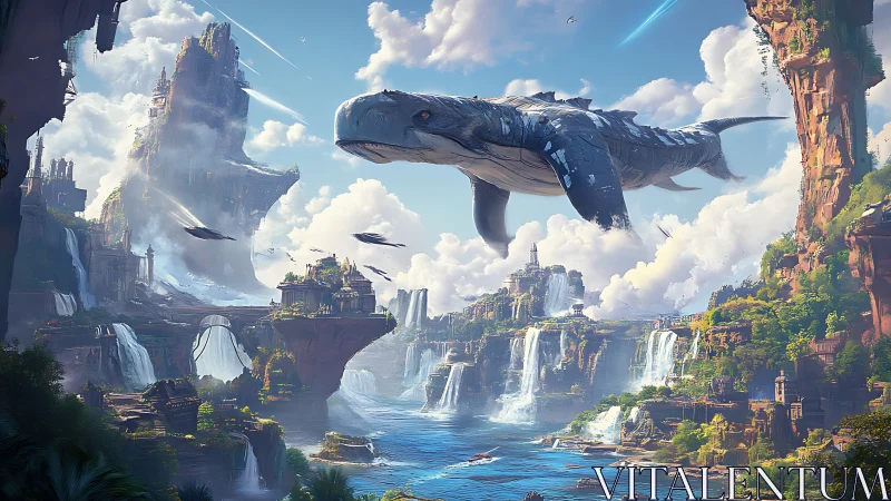 Sky leviathan drifting above cascading island citadels.