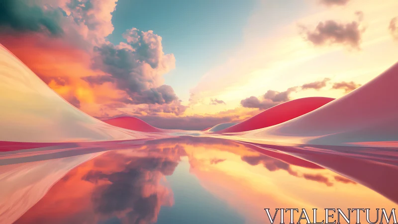 Surreal pastel dunes mirrored in tranquil sunset water.