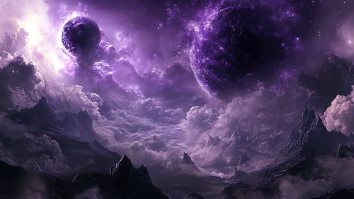 Violet exoplanetary sky renders dense nebulae over jagged terrain