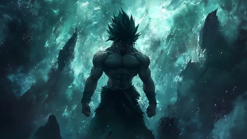 Stormforged warrior rises in teal cosmic chaos and shadowed fury.