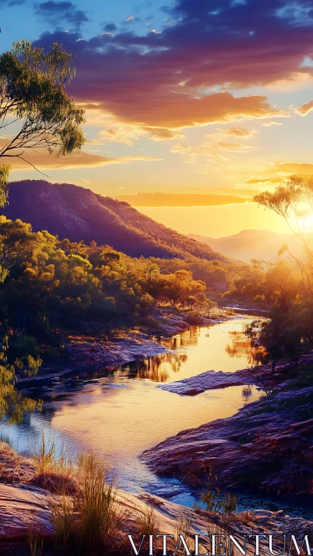 Sunlit river valley reflects vivid sunset across rocky gorge