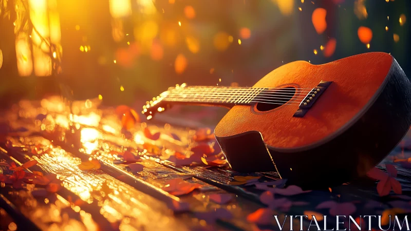 Sunlit acoustic guitar on leaf-strewn wooden bench at dusk.