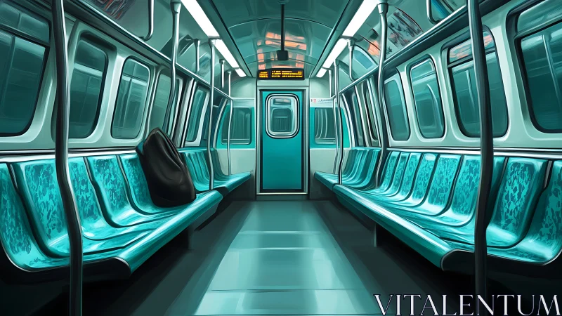 Empty teal subway car interior with single unattended bag.