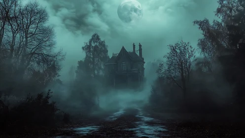 Lunar-lit Victorian manor in volumetric nocturnal fogscape.